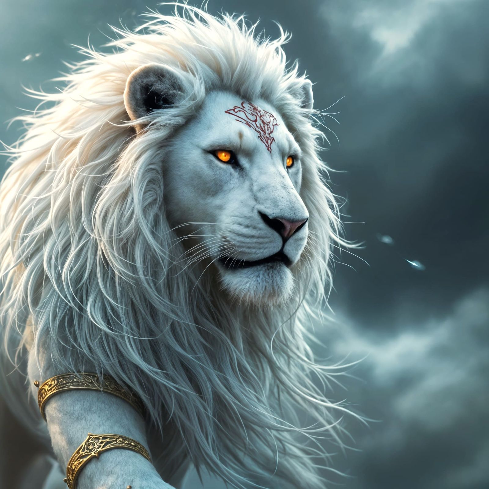 Majestic Warrior Lion in Stormy Skies