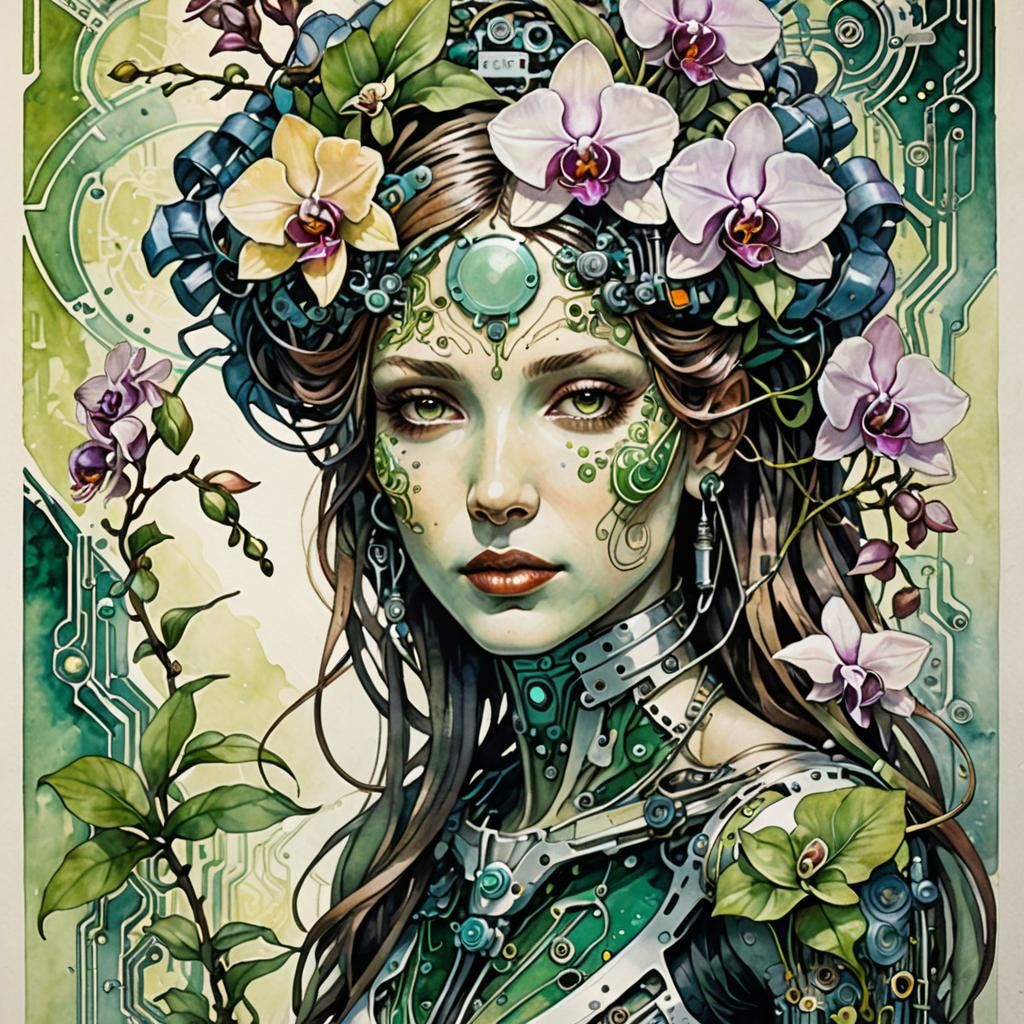 Bio Punk Orchid Woman in Watercolor Style