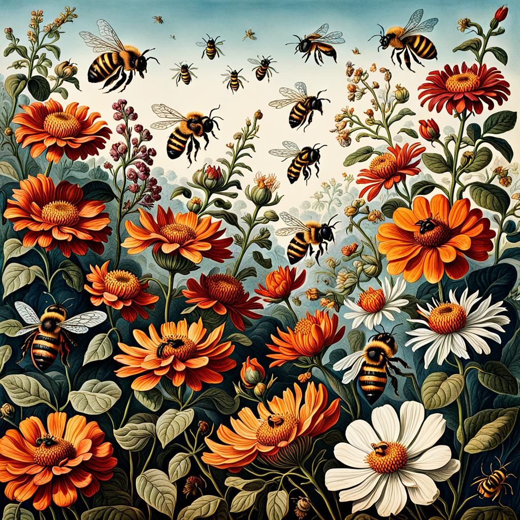 Art by Maria Sibylla Merian, detailed naturalistic illustration of bees buzzing around a vibrant flower garden, capturin...