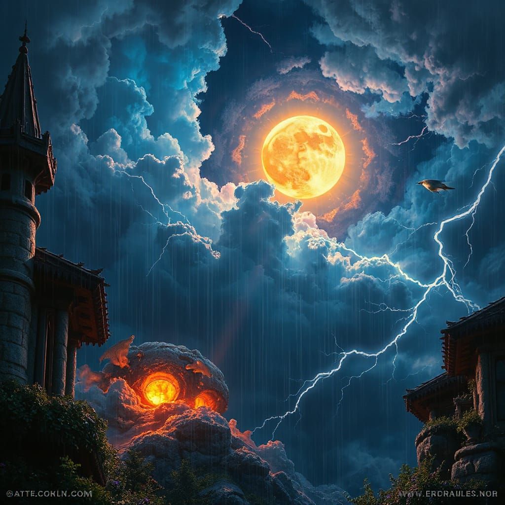 Celestial Bodies Shine Amidst a Stormy Sky in a Detailed Mat...