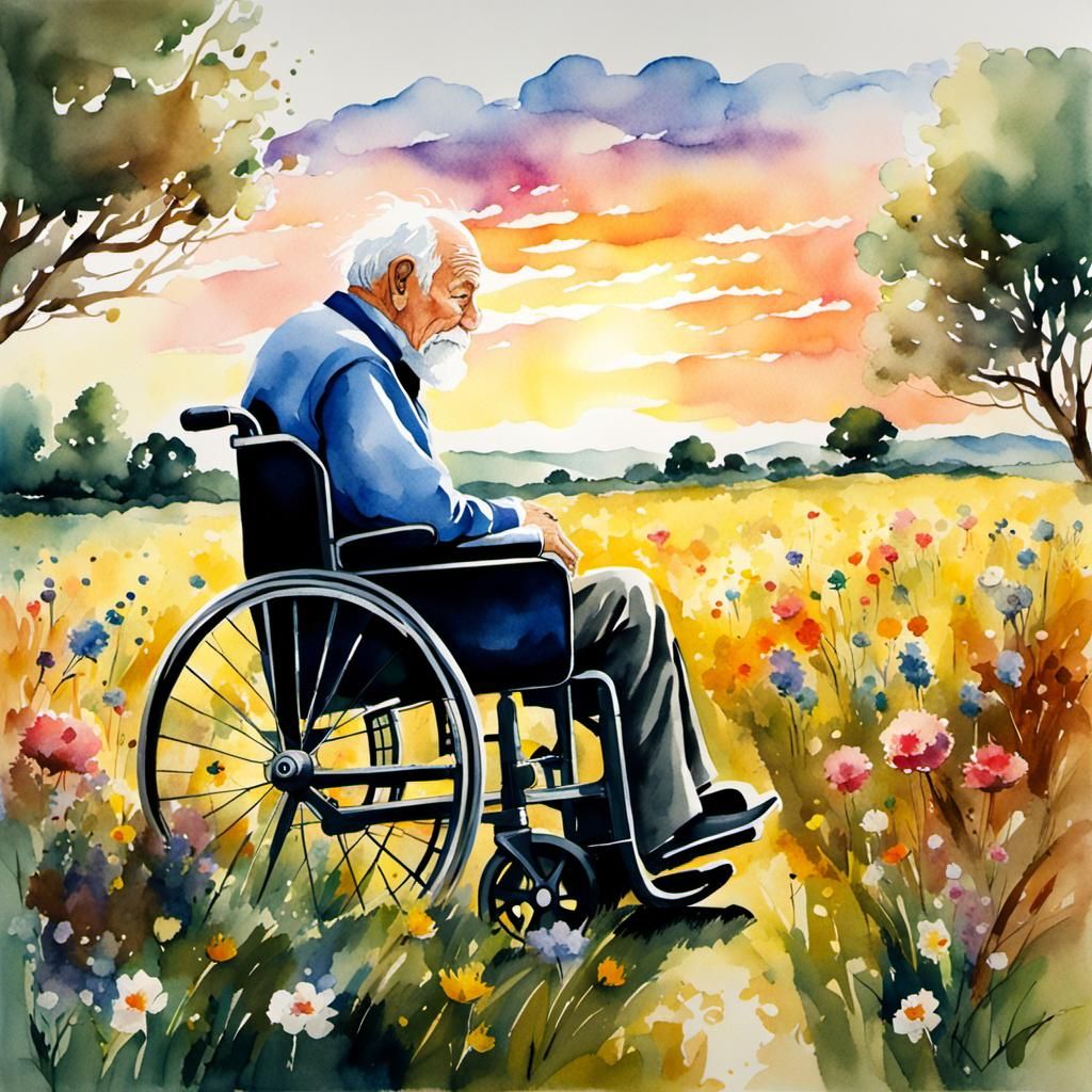 Watercolor Old Man in Flower Field at Golden Hour