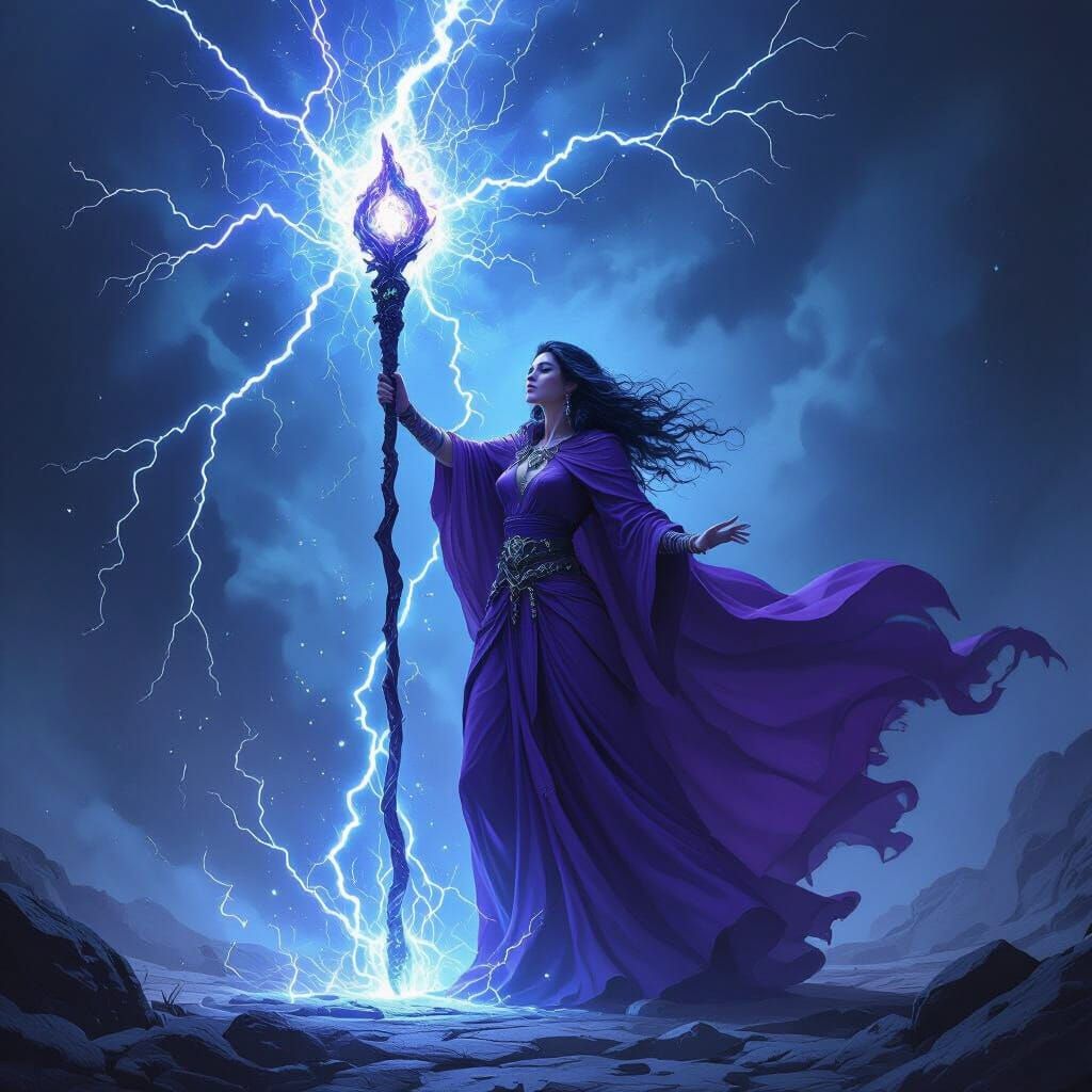 Dark Sorceress Channels Lightning into Staff in Painterly St...