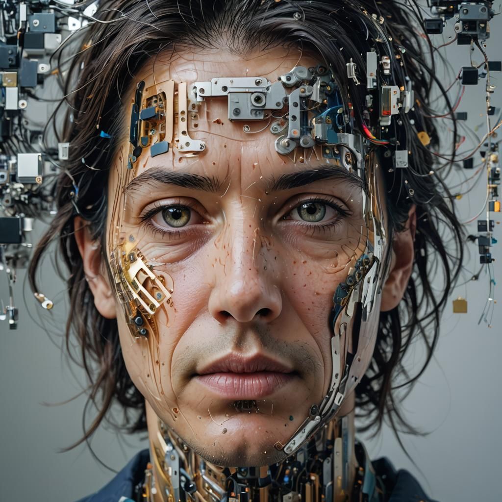 (Double Exposure Image Of The Face Of AI Created Out Of Bits...