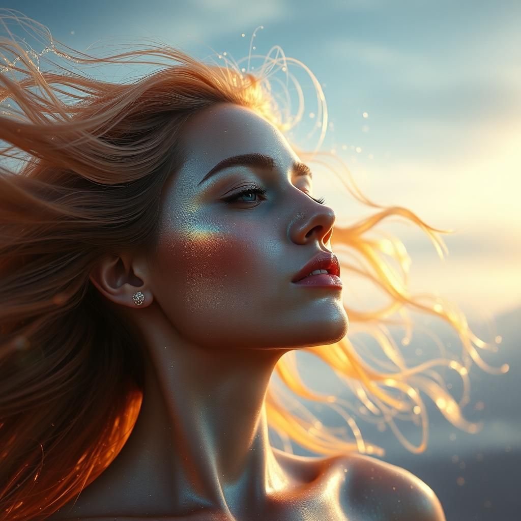 Iridescent Woman with Liquid Metal Hair in HDR