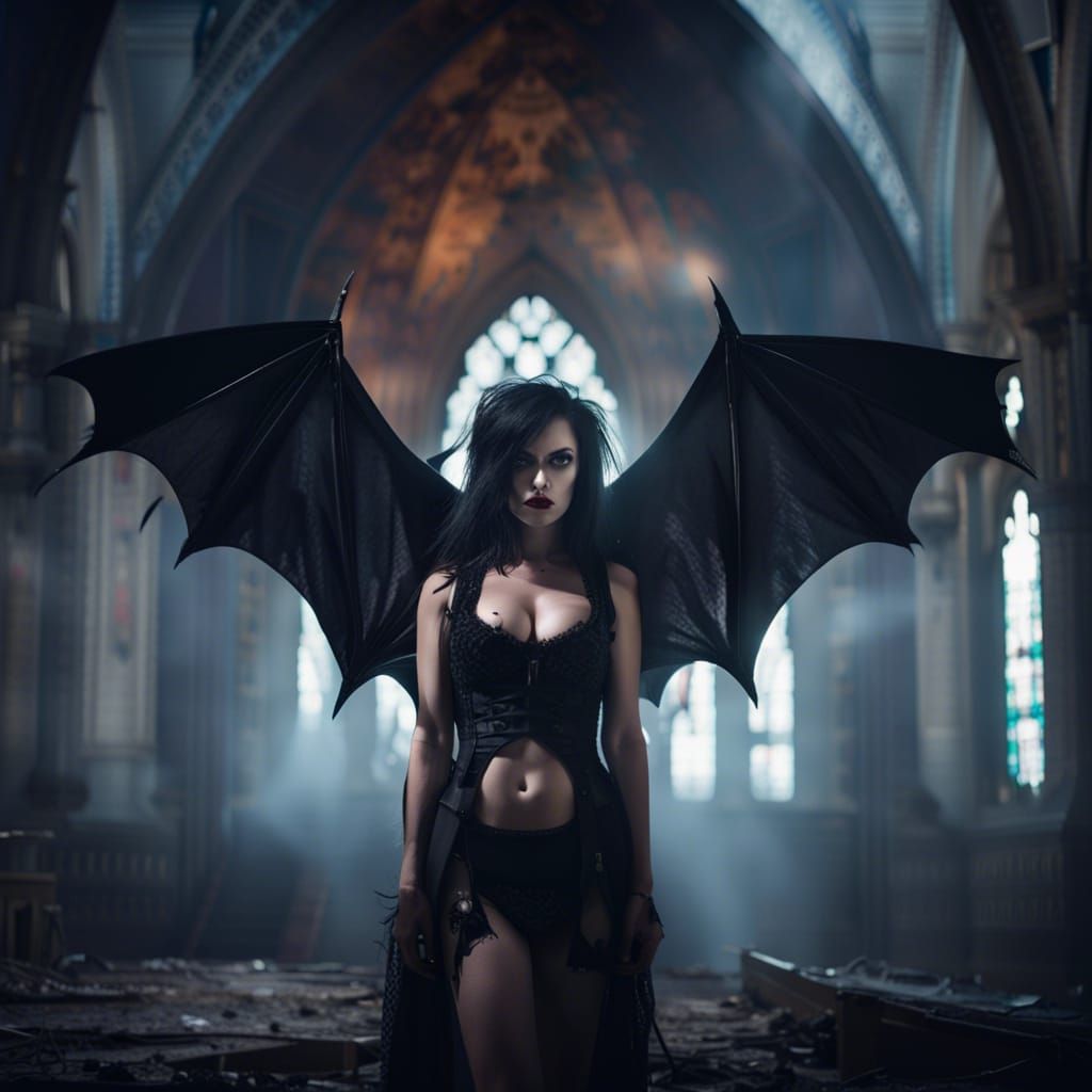Gothic Mistress with Bat Wings in Cathedral