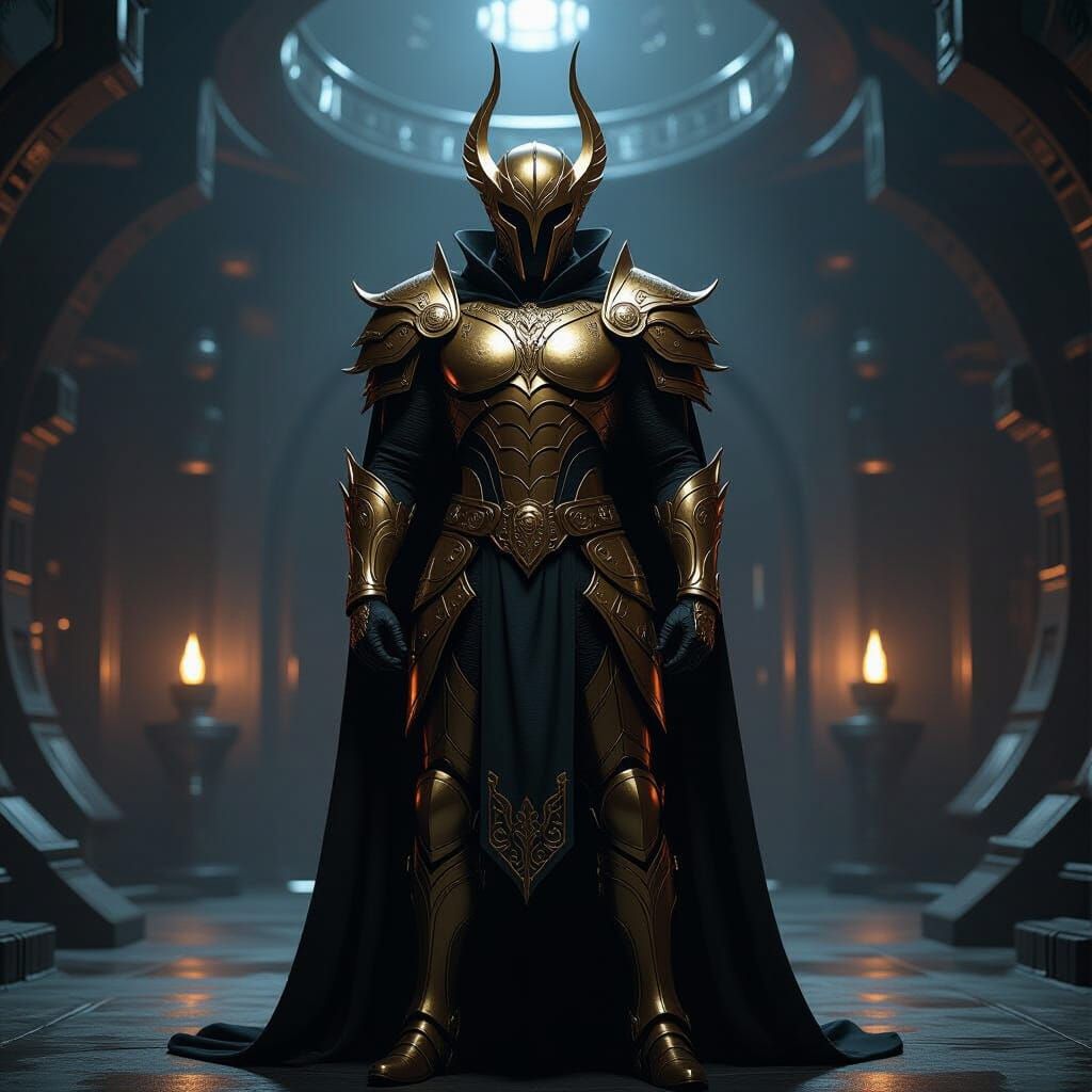 Male Villain in Ornate Gold Armor in Ominous Lair