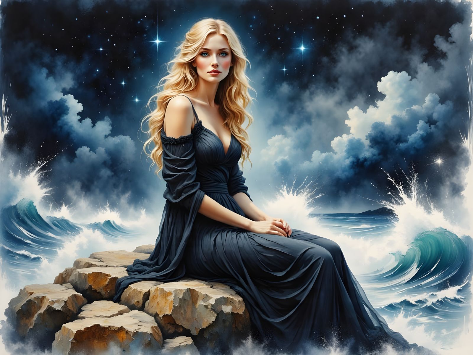 Dichromatic Watercolour Portrait of a Norse Goddess