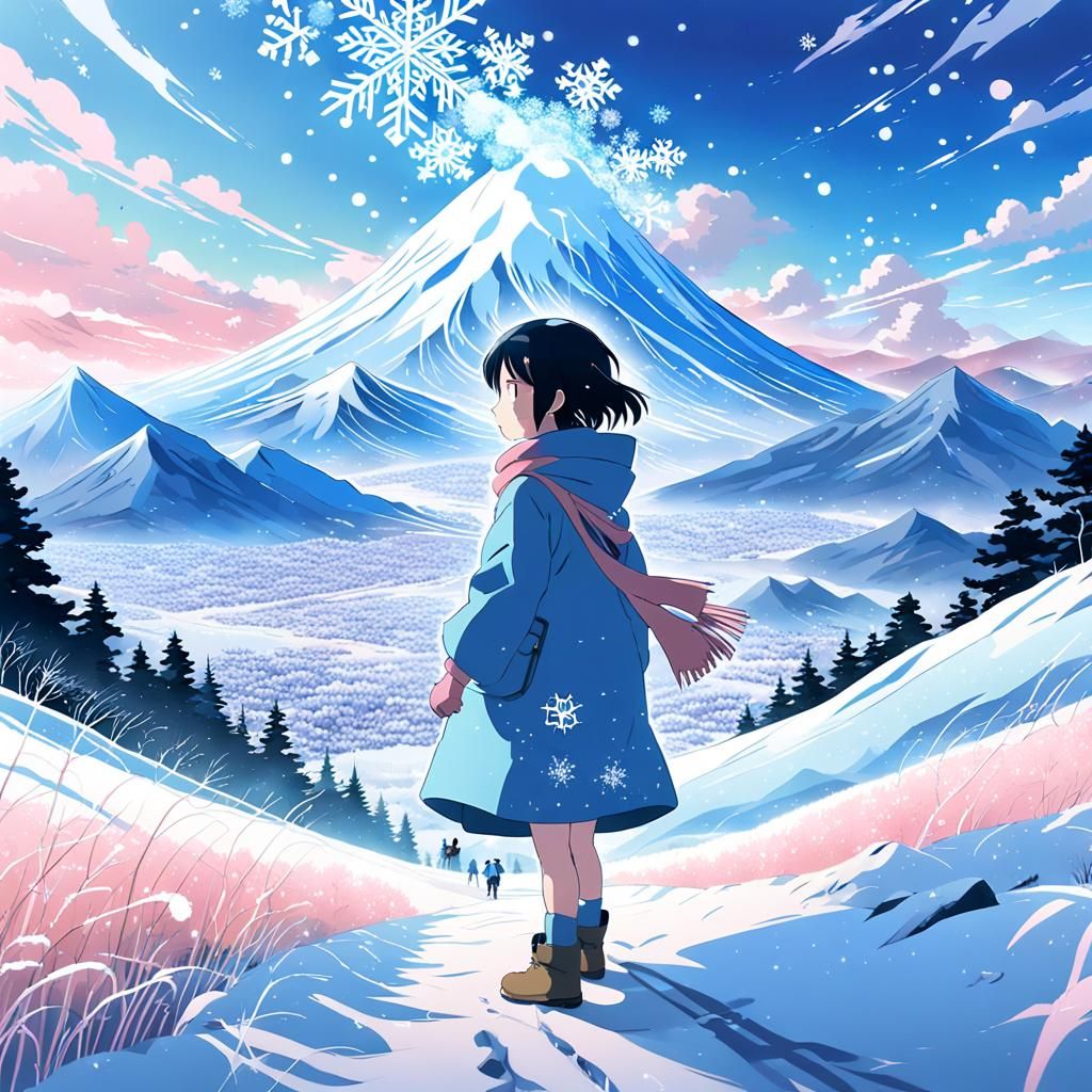 Anime Figure Shivering in Snowy Landscape