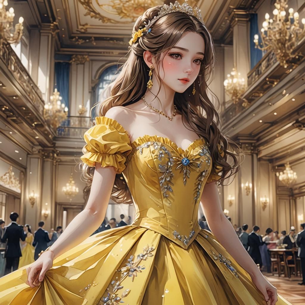 Anime Girl in Yellow Ballgown, 3D Rendered