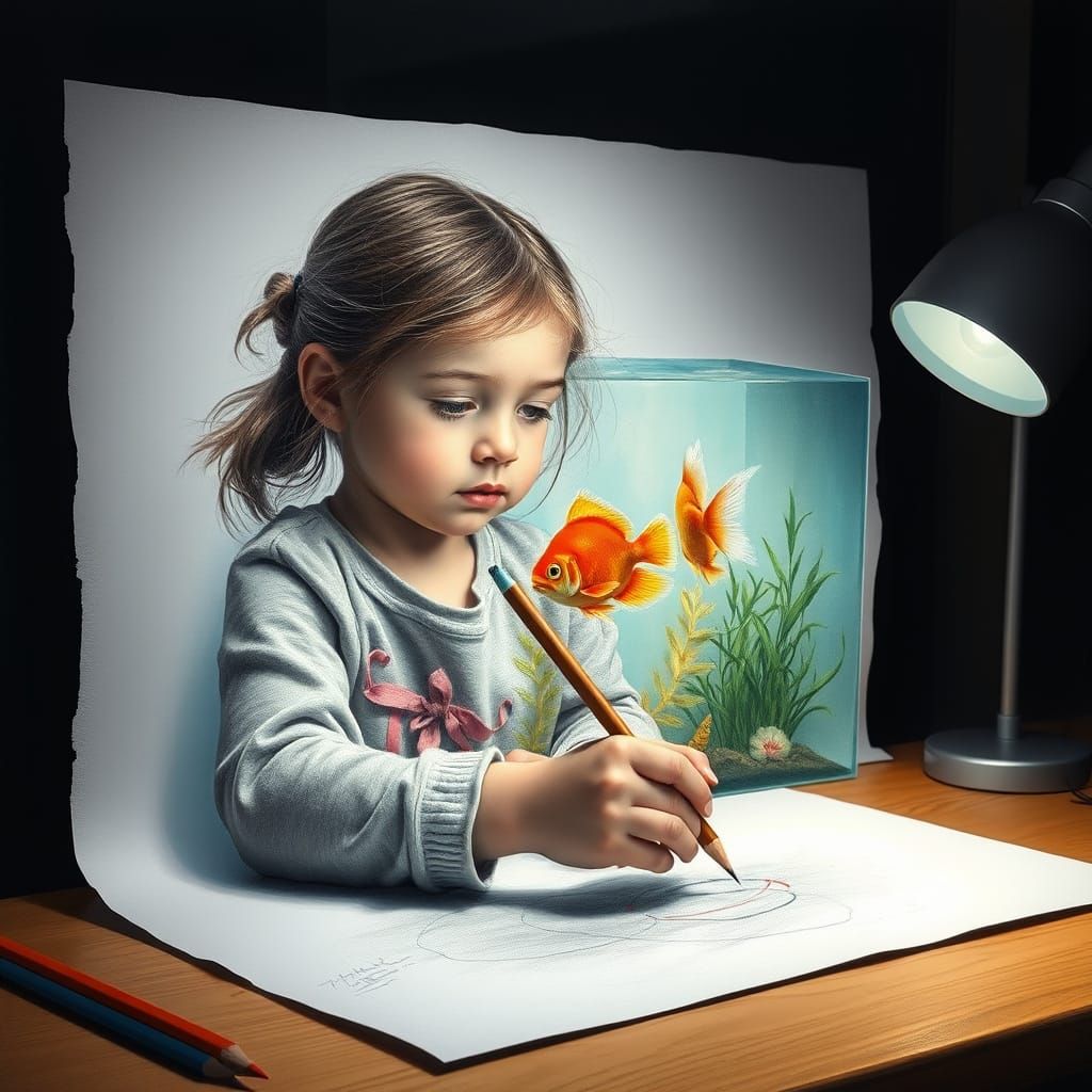 Girl Draws Magical Fish Tank, Graphite Art