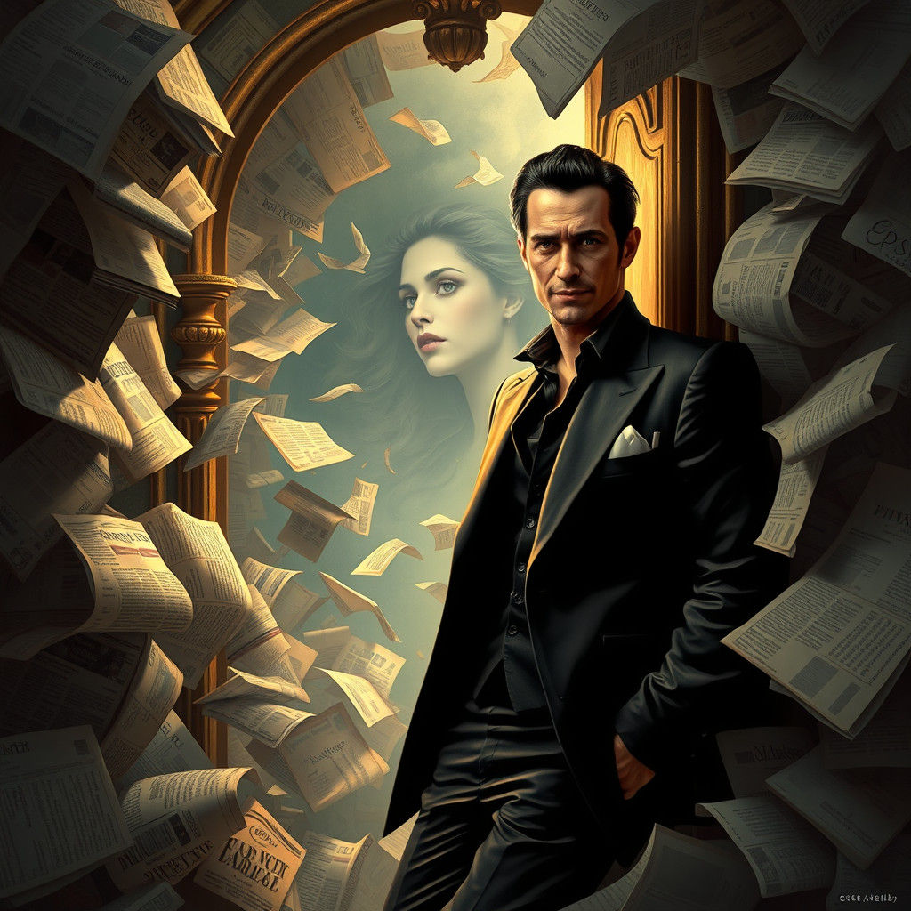 Mysterious Figure Amidst Newspaper Vortex: Surreal Dreamscap...