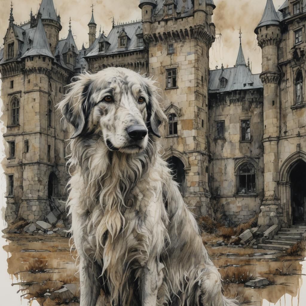 Russian Wolfhound Drawing in Pen and Ink Style