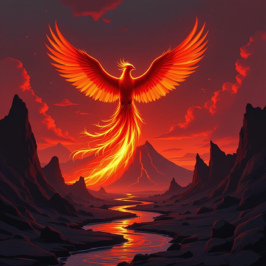 Fiery Phoenix Soars Over Volcanic Dreamscape