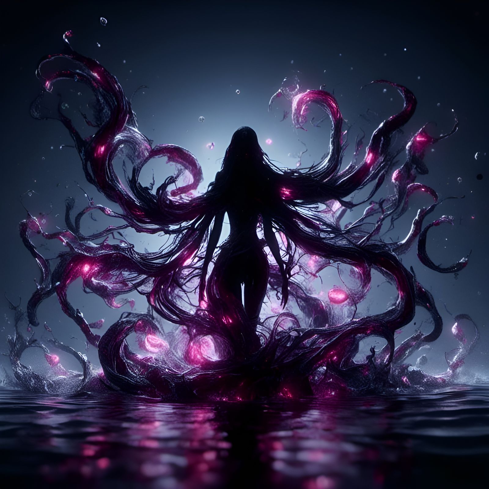 Female Elf Silhouette in Liquid Void with Pink Aura