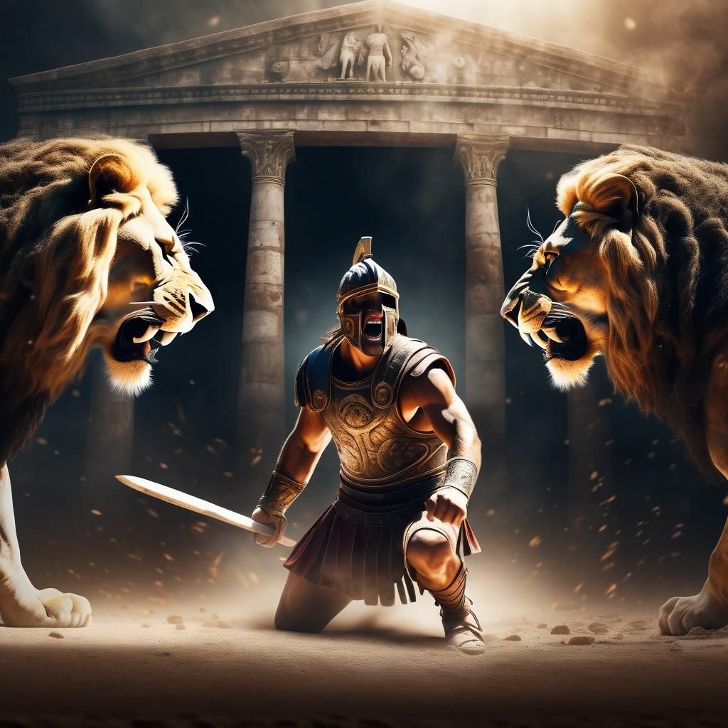 Lion Attacks Gladiator in Roman Arena