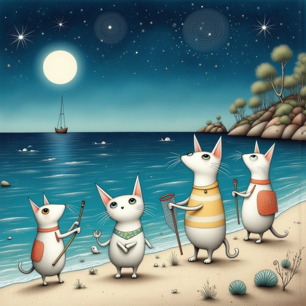 Cats Watch Meteor Shower on Moonlit Beach