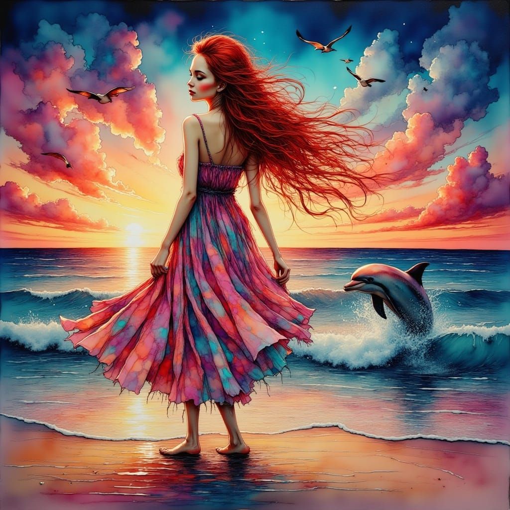 Woman in Boho Dress with Dolphin, Burtonesque Style