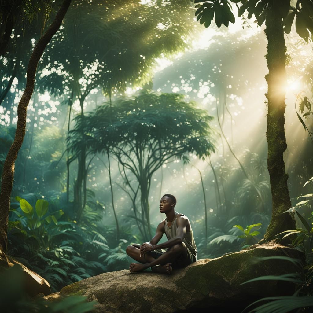Muscular Teen Meditating in Jungle Film Still