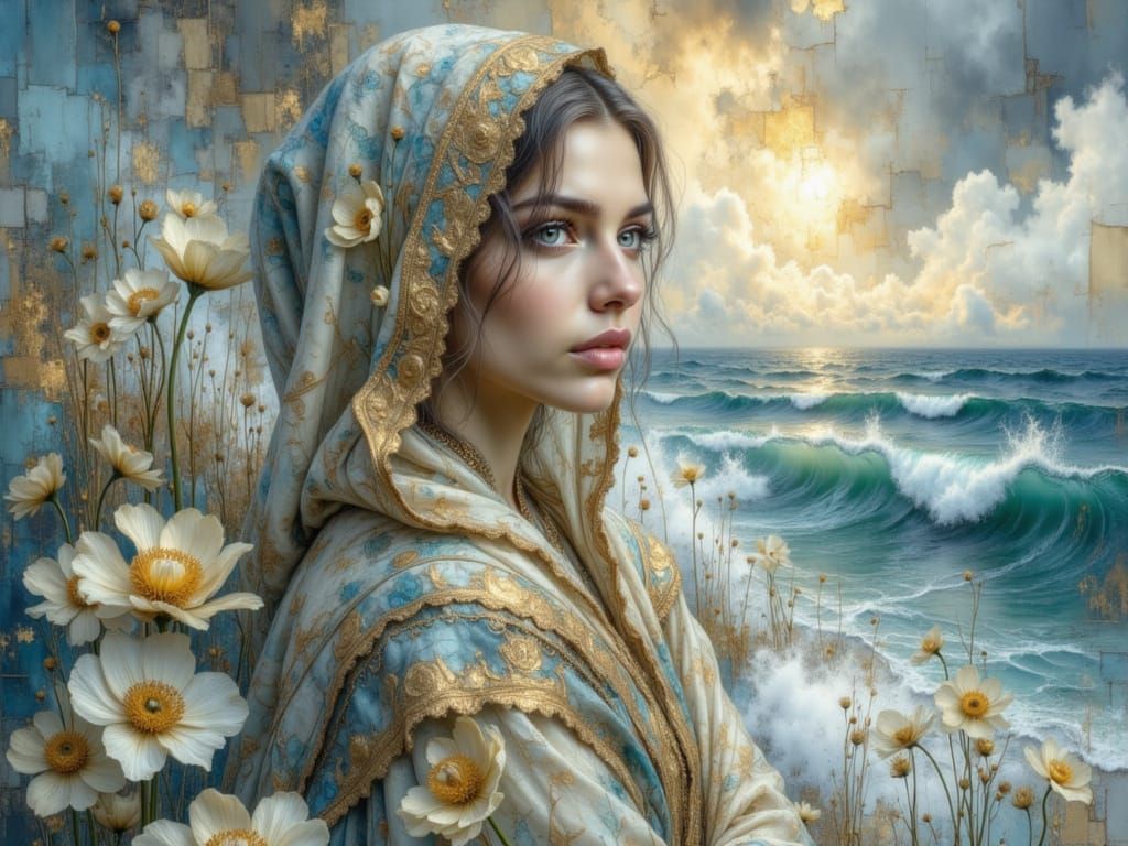 Cosmic Woman in Golden Sunshine Over Teal Ocean