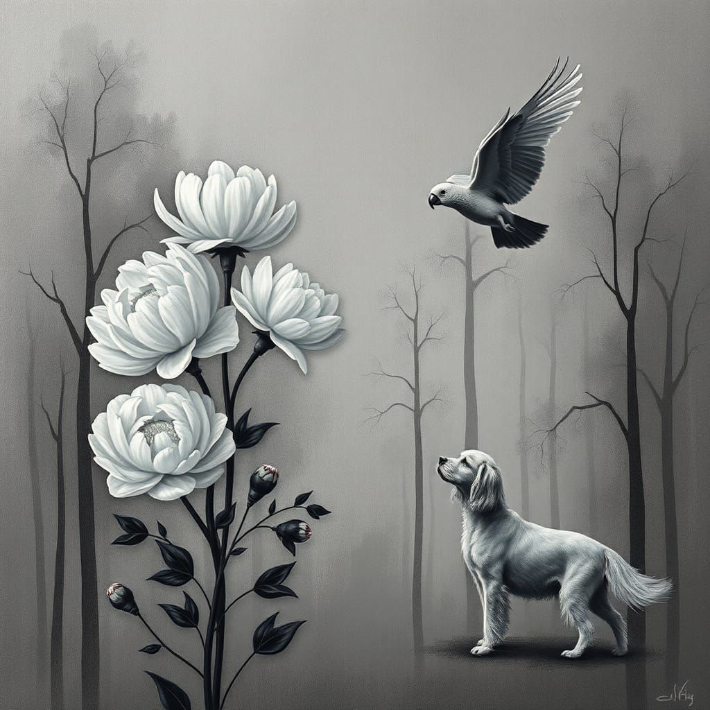 Grey Peonies with Parrot in Klimt Ebru Style