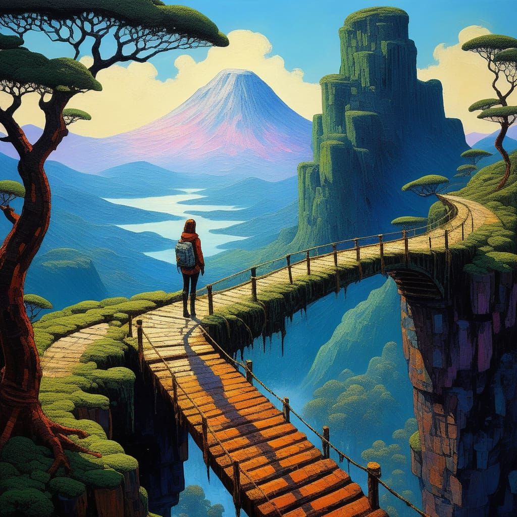 Surreal Anime Girl Crosses Mystical Moss Bridge into Misty M...