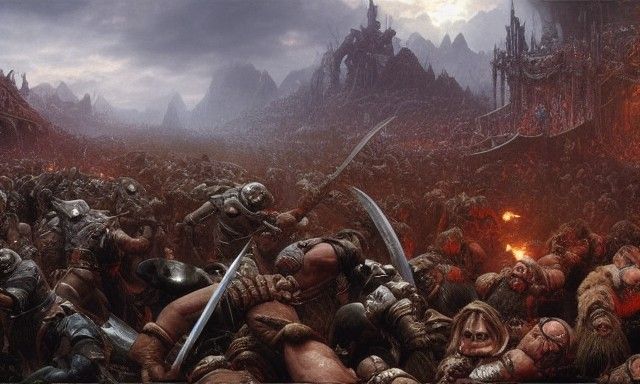 Orcs and Humans Battle Scene in Oil Painting Style