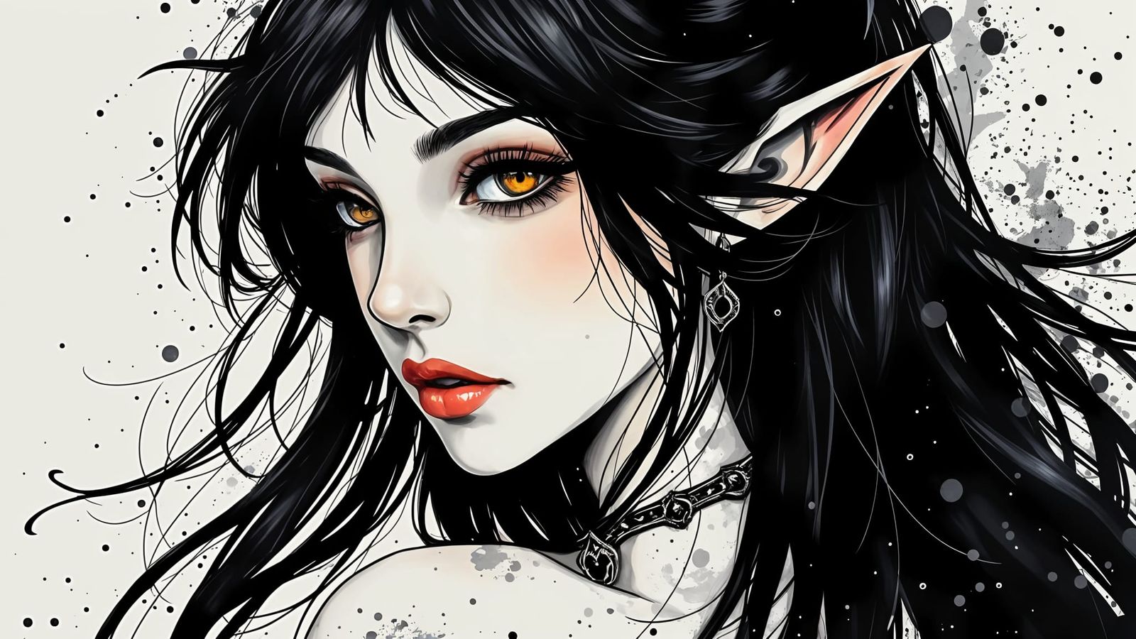 Elven Woman in Ink Splatter Art Style