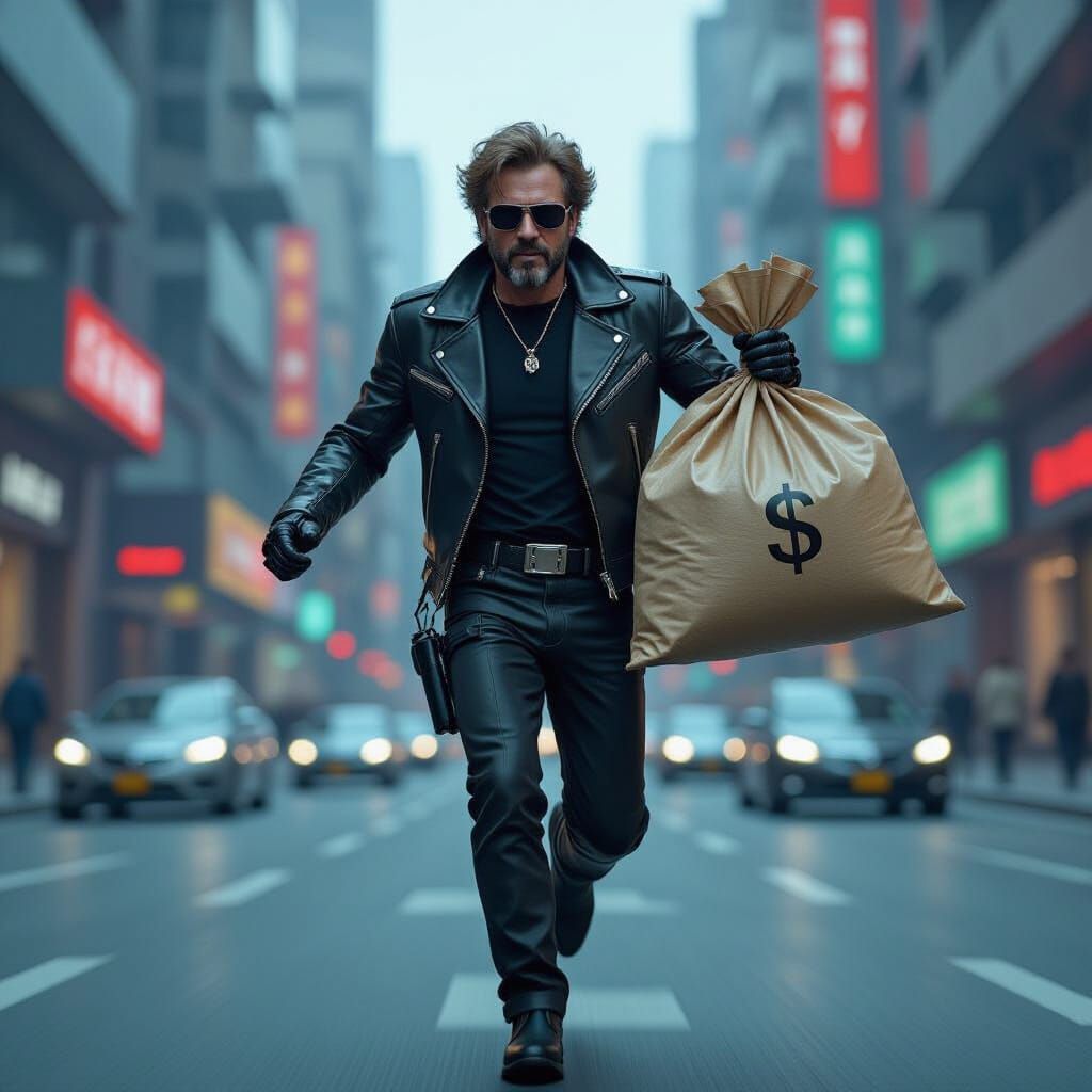 Cyberpunk Robot Fugitive with Bag of Money