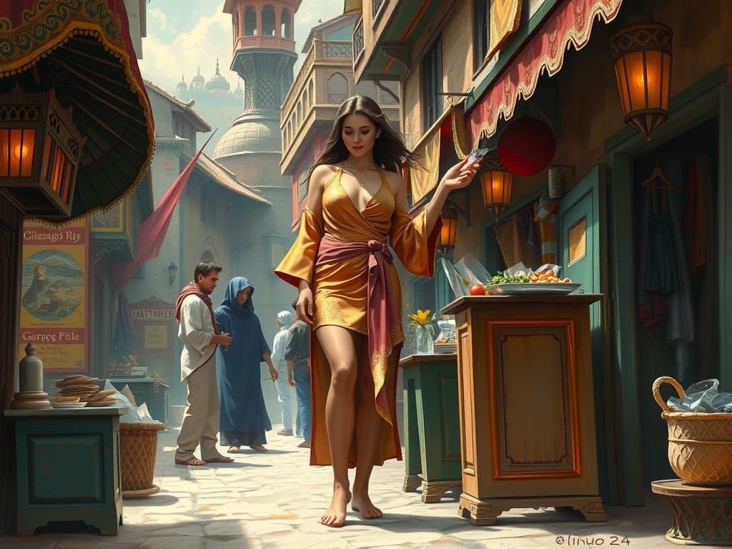 Fantasy Market Scene in Oil Painting Style