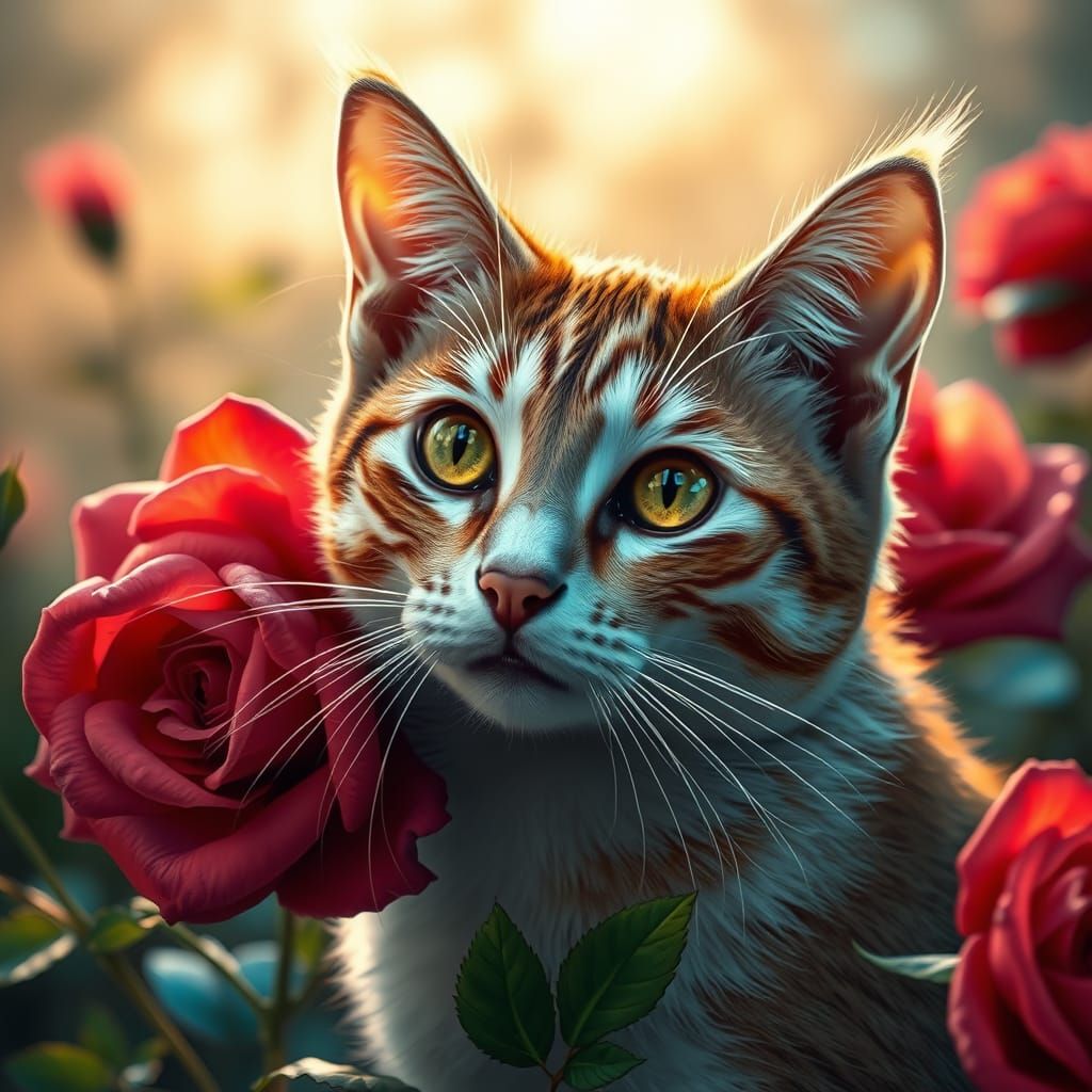 Bucolic Beauty: Whiskered Feline Surrounded by Vibrant Bloom...