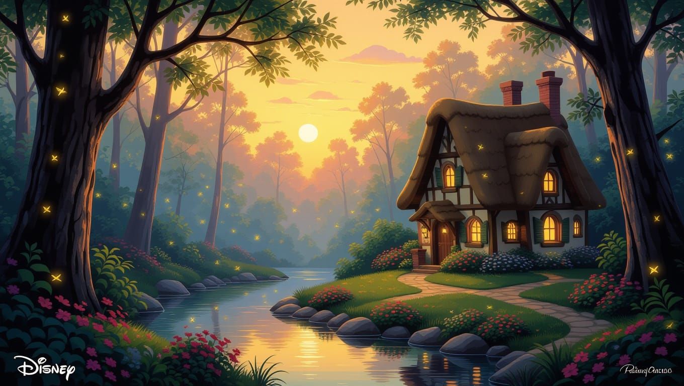 Whimsical Disney Cottage Scene in Warm, Golden Light