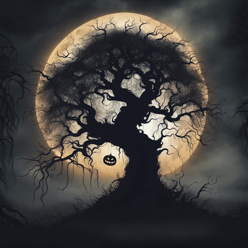 Scary Halloween Tree Silhouette on Foggy Background