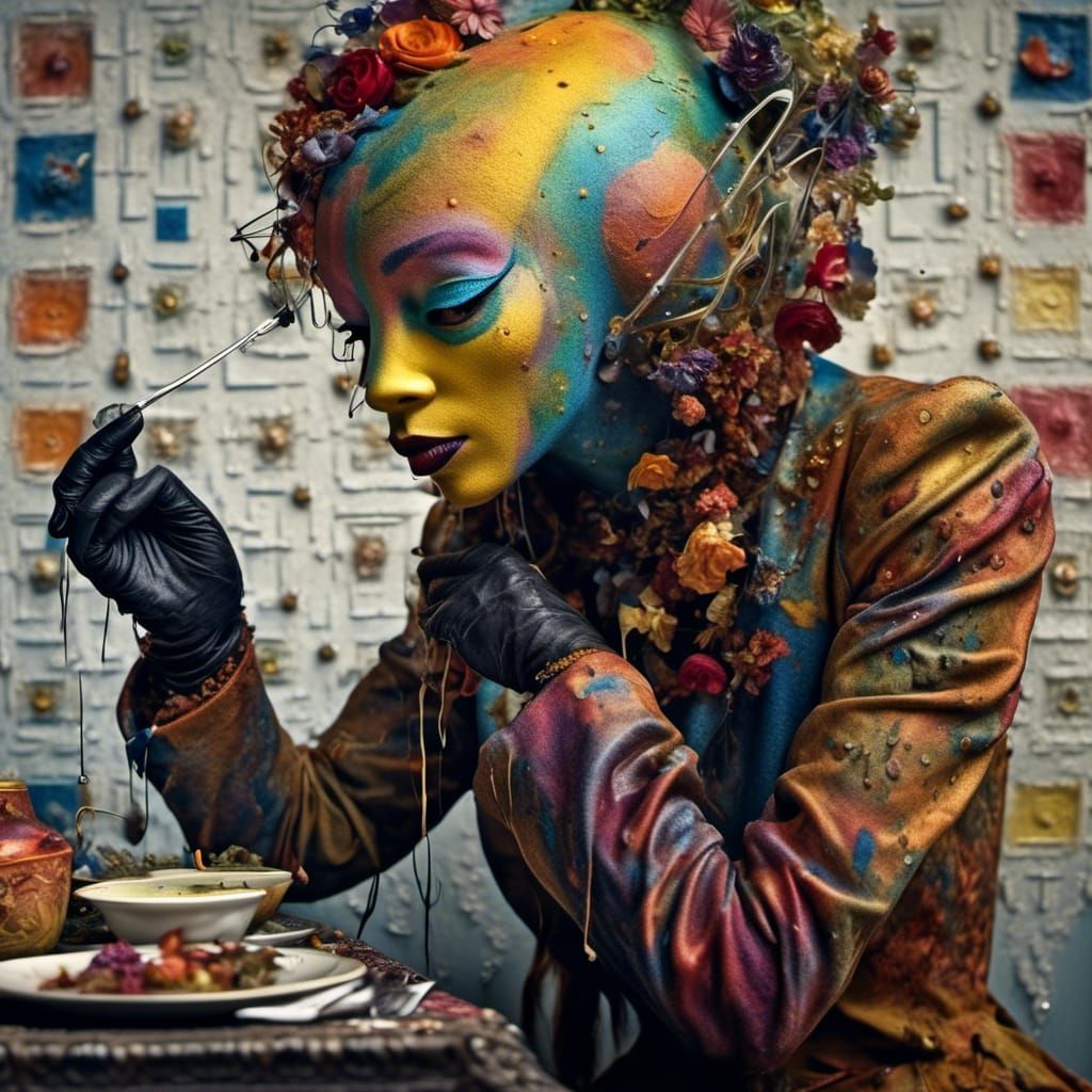 Polychromatic Alien at Table: Hyperrealistic Digital Art