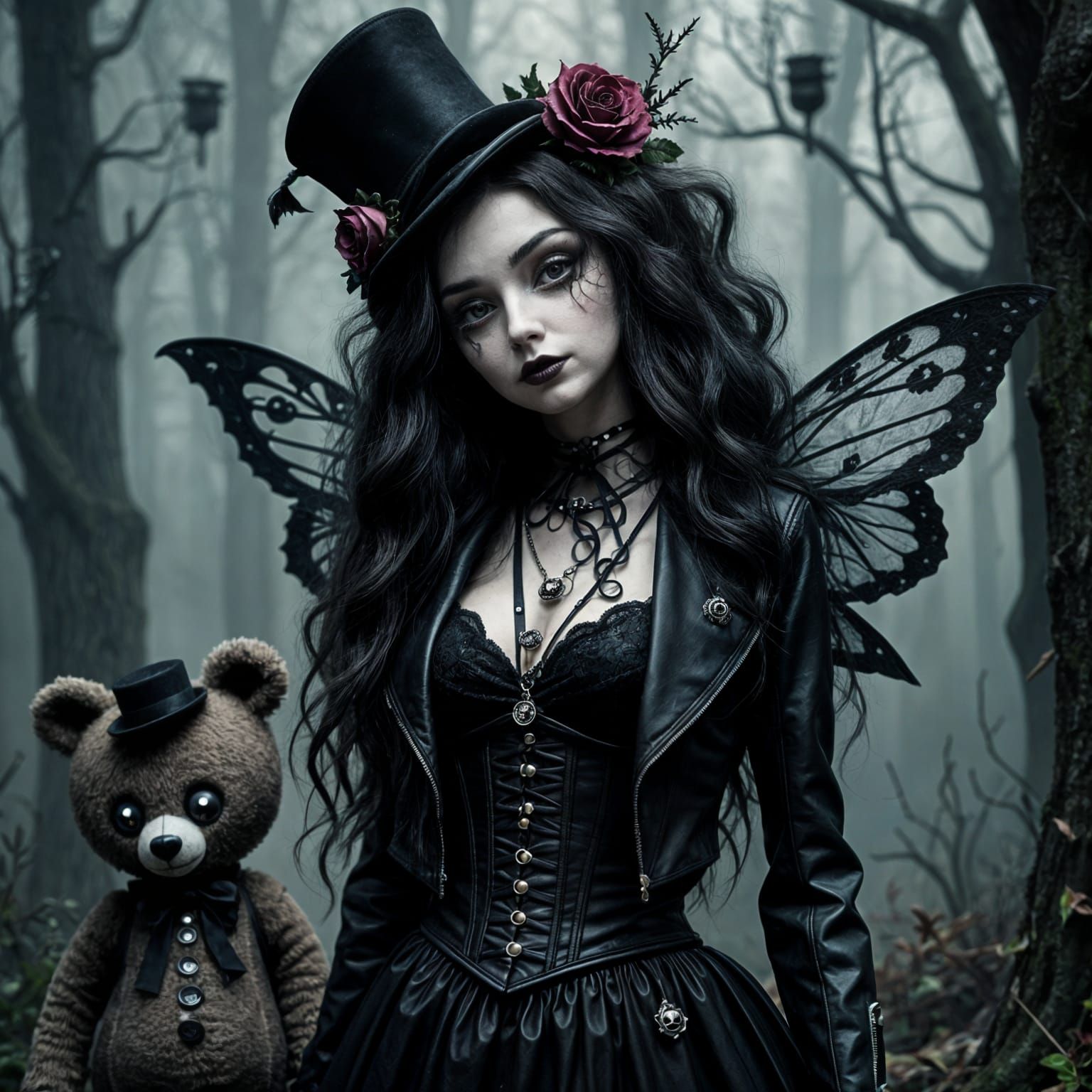Gothic Pixie in Misty Forest with Creepy Teddy Bear