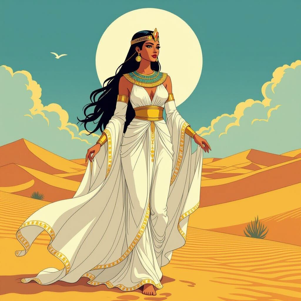 Goddess Isis in Desert Landscape: Colorful Pencil Art