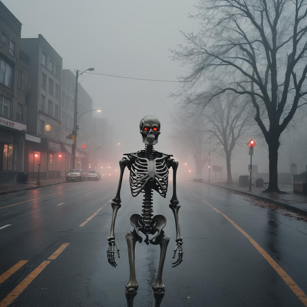 Skeleton with Red Eyes in Foggy Street