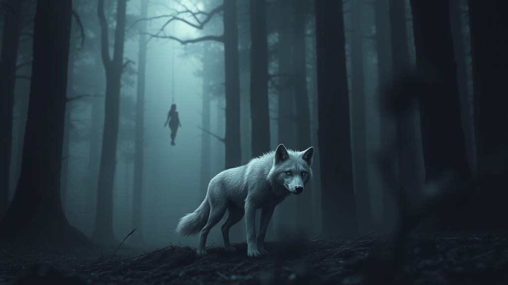 Frightened Silver Wolf in Shadowy Forest