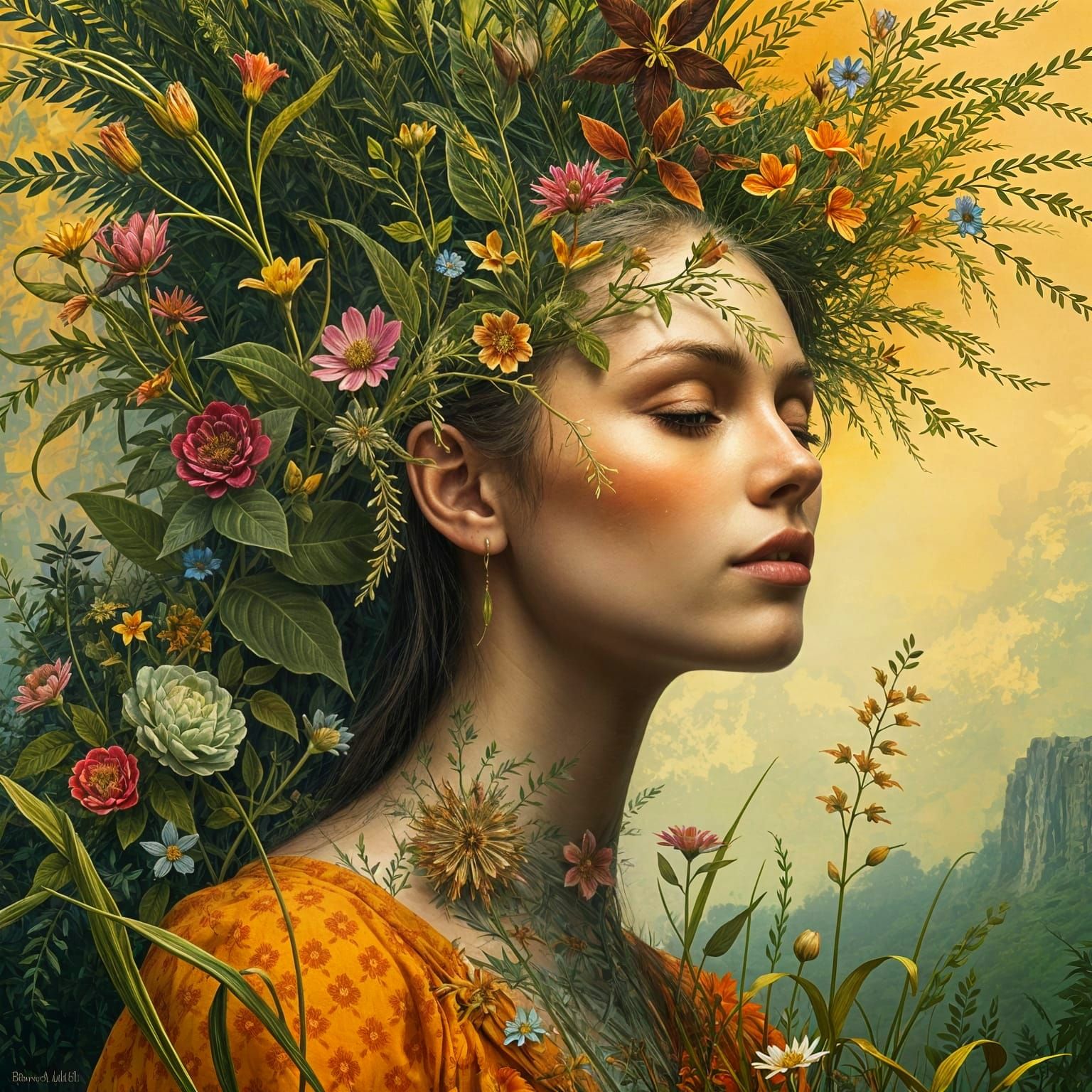 Surreal Woman Merged with Meadow and Waterfall