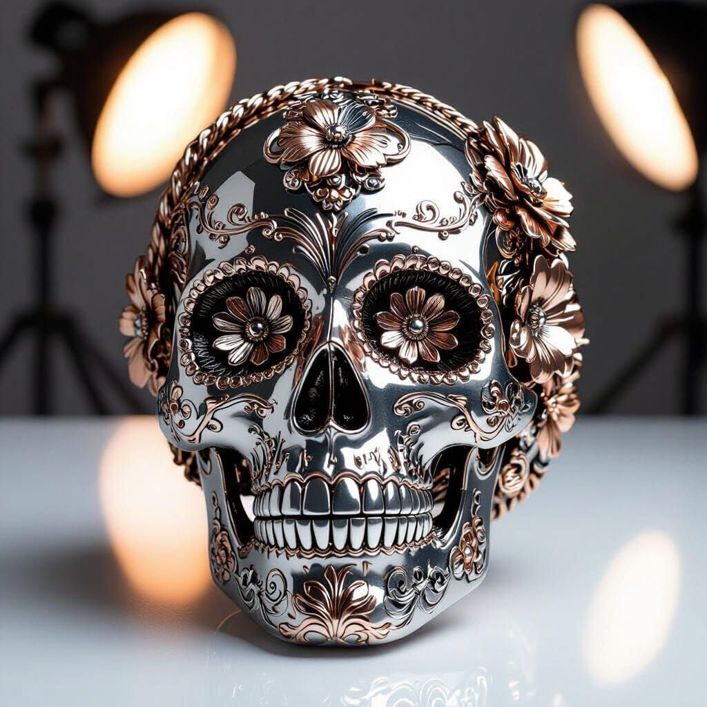 Polished Metal Sugar Skull in Hyperrealistic Style