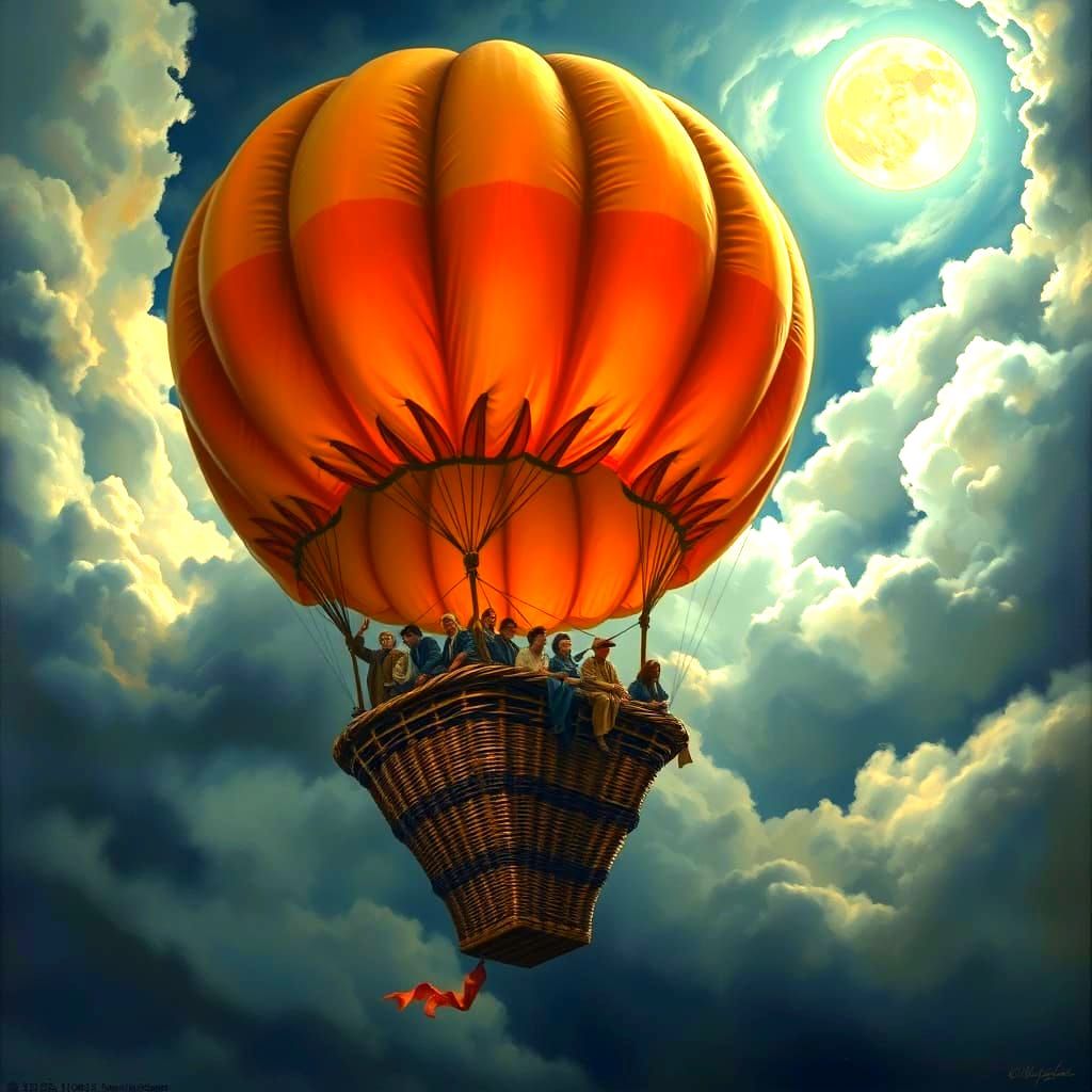 Realistic Oil Painting of a Stormy Sky with a Flying Balloon