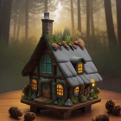 Whimsical Forest Cottage With Acorn People: Fairytale Art