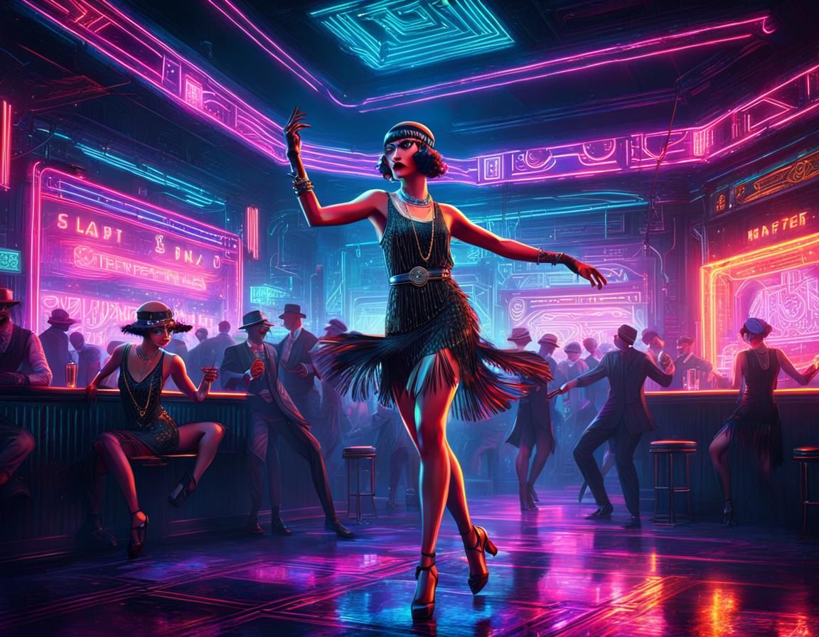 illustration of a 1920s flapper girl dancing in a cyberpunk nightclub