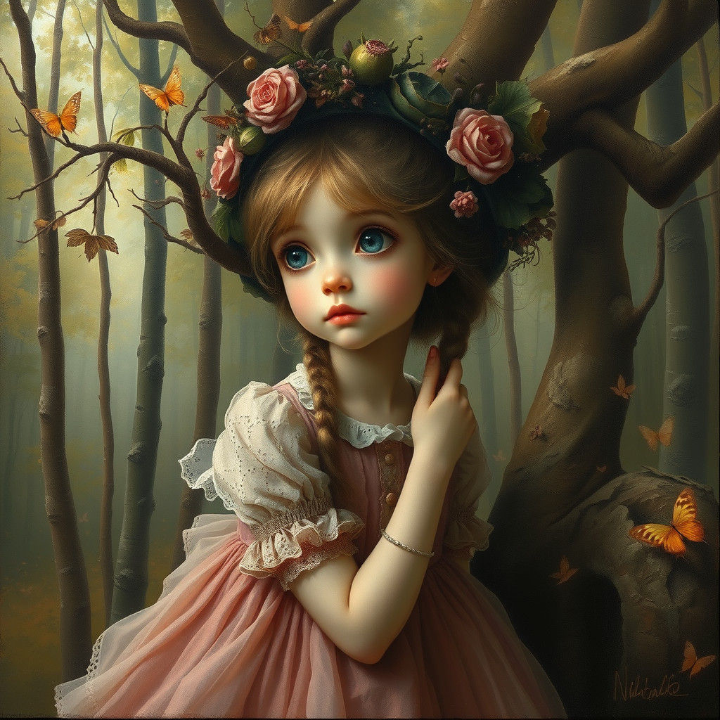 A mesmerizing surrealist painting styles of Nicoletta Ceccoli a girl in forest