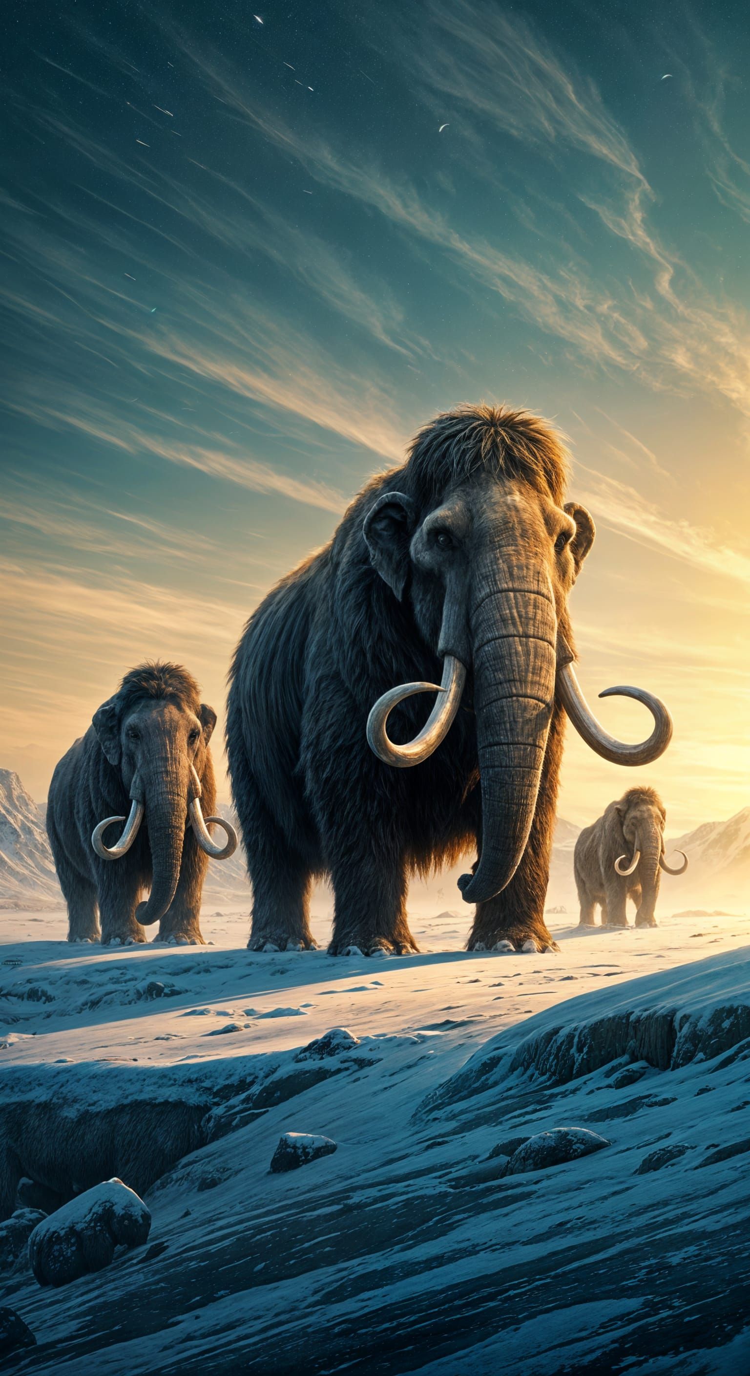 Mammoths Trek Across Frozen Tundra at Twilight