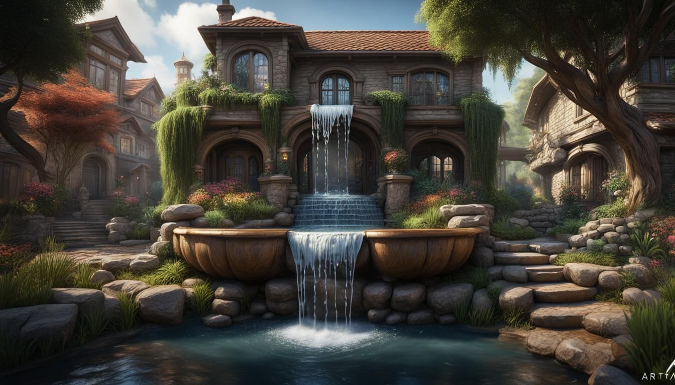 Waterfall Fountain Flows into Stream: Fantasy Concept Art