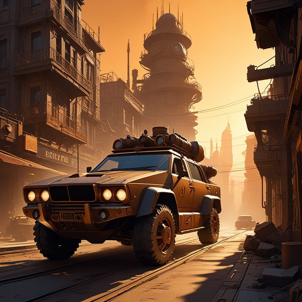 Industrial Steampunk Armoured Car in Desolate Cityscape