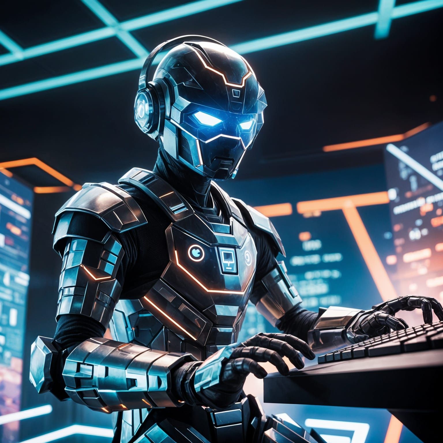 Cyberpunk Gaming Deity in Pixelated Armor