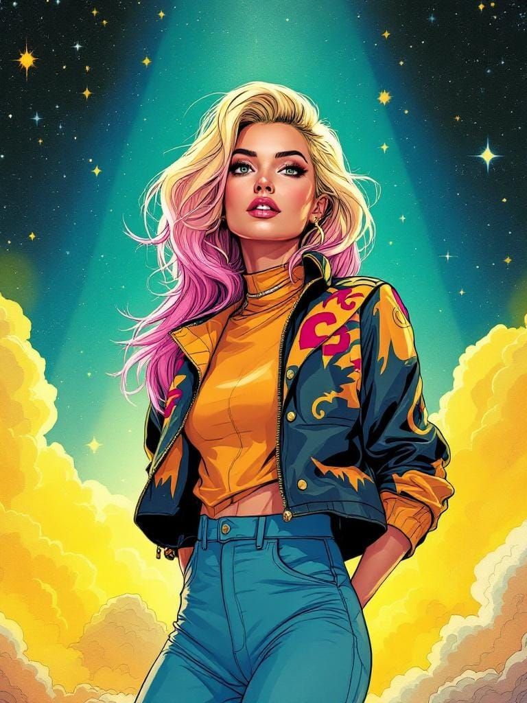 Blond Woman in Celestial Retro-Futuristic Comic Style