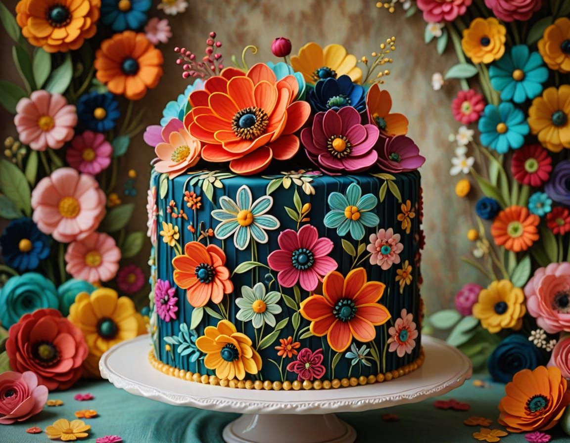 Fabric Cake with Silk Embroidery Flowers in Digital Art Styl...