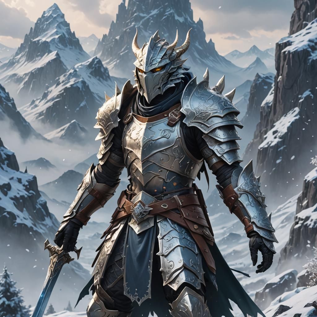 Heroic Dragonborn Overlooking Frozen Wilderness in Anime Sty...